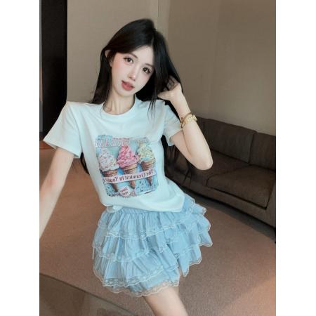 BY24042# 手工钉珠冰激凌印花短袖圆领T恤女蕾丝边短裙两件套装  服裝批發女裝批發服飾貨源