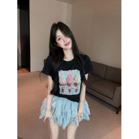 BY24042# 手工钉珠冰激凌印花短袖圆领T恤女蕾丝边短裙两件套装  服裝批發女裝批發服飾貨源