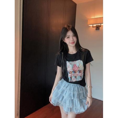 BY24042# 手工钉珠冰激凌印花短袖圆领T恤女蕾丝边短裙两件套装  服裝批發女裝批發服飾貨源