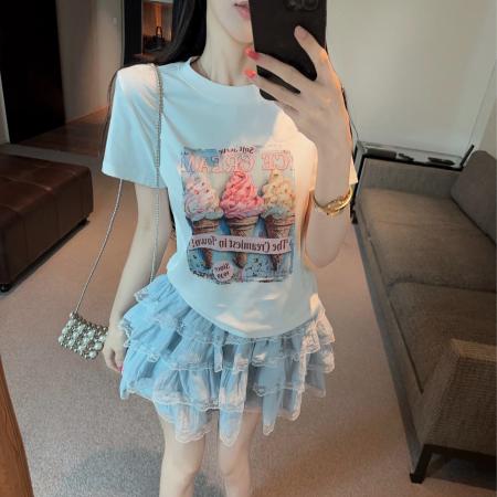 BY24042# 手工钉珠冰激凌印花短袖圆领T恤女蕾丝边短裙两件套装  服裝批發女裝批發服飾貨源
