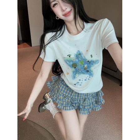 BY24044# 手工钉珠童趣绘画印花短袖T恤女蝴蝶结格子短裙两件套装  服裝批發女裝批發服飾貨源