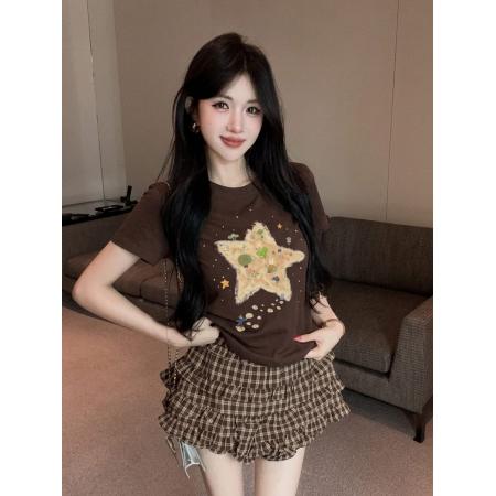 BY24044# 手工钉珠童趣绘画印花短袖T恤女蝴蝶结格子短裙两件套装  服裝批發女裝批發服飾貨源