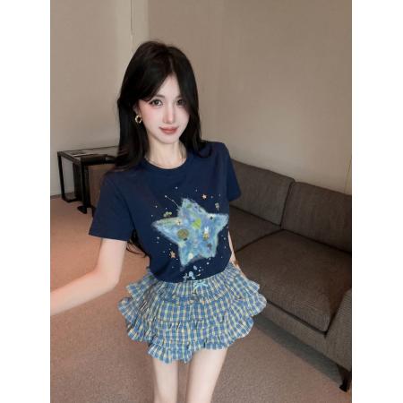 BY24044# 手工钉珠童趣绘画印花短袖T恤女蝴蝶结格子短裙两件套装  服裝批發女裝批發服飾貨源