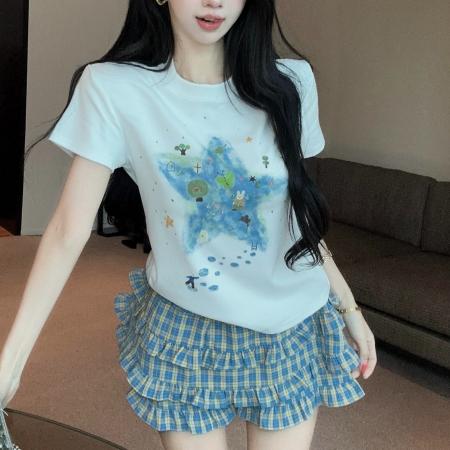 BY24044# 手工钉珠童趣绘画印花短袖T恤女蝴蝶结格子短裙两件套装  服裝批發女裝批發服飾貨源