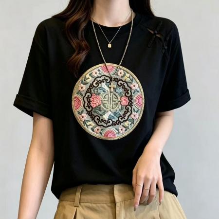 BY24051# 大码新中式复古刺绣短袖t恤女夏季胖妹妹显瘦国风盘扣设计感上衣  服裝批發女裝批發服飾貨源