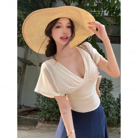 BY24056# 白色露背短款v领褶皱短袖T恤女夏季度假  服裝批發女裝批發服飾貨源