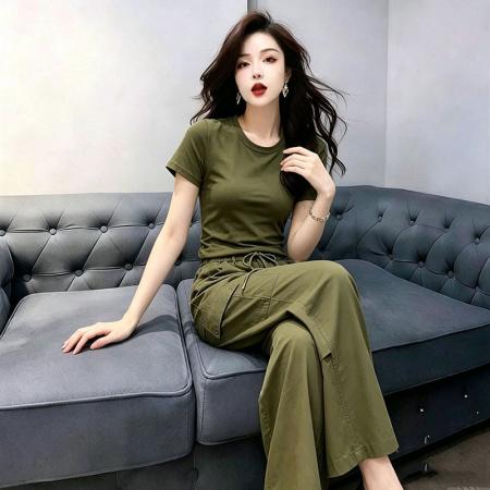 BY24057# 美式休闲风套装女春夏修身短袖T恤工装阔腿裤气质两件套  服裝批發女裝批發服飾貨源