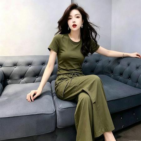 BY24057# 美式休闲风套装女春夏修身短袖T恤工装阔腿裤气质两件套  服裝批發女裝批發服飾貨源