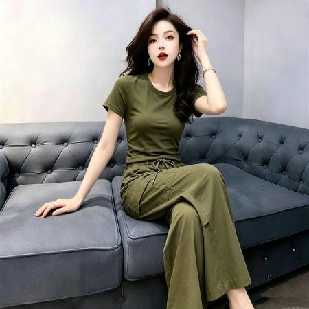 BY24057# 美式休闲风套装女春夏修身短袖T恤工装阔腿裤气质两件套  服裝批發女裝批發服飾貨源