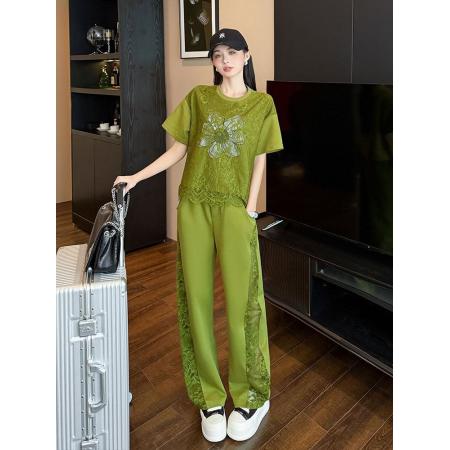 BY24058# 网红时尚运动套装女夏休闲宽松蕾丝短袖阔腿裤两件套减龄显瘦  服裝批發女裝批發服飾貨源