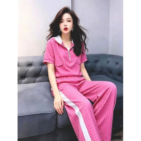 BY24061# 欧货轻奢缎面套装女士夏季新款时尚连帽短袖上衣阔腿裤两件套  服裝批發女裝批發服飾貨源