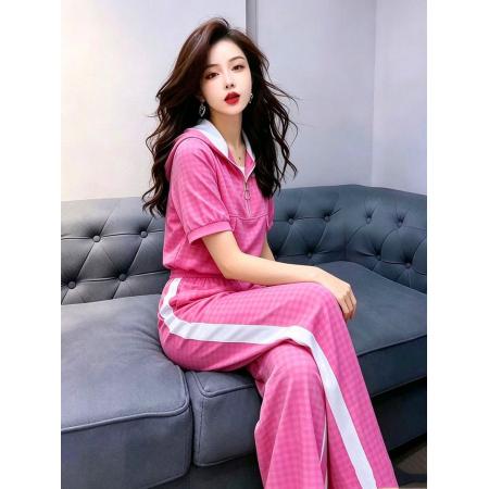 BY24061# 欧货轻奢缎面套装女士夏季新款时尚连帽短袖上衣阔腿裤两件套  服裝批發女裝批發服飾貨源