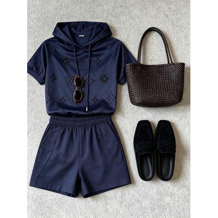 BY24063# 夏季小个子休闲风连帽提花藏蓝色短袖T恤短裤两件套装女  服裝批發女裝批發服飾貨源