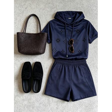 BY24063# 夏季小个子休闲风连帽提花藏蓝色短袖T恤短裤两件套装女  服裝批發女裝批發服飾貨源