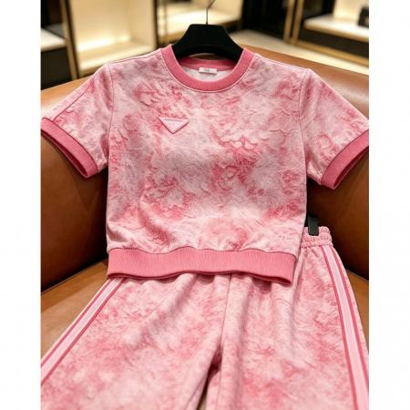 BY24065# 高端时尚两件套女夏季新款气质印花减龄连帽上衣直筒裤套装潮  服裝批發女裝批發服飾貨源