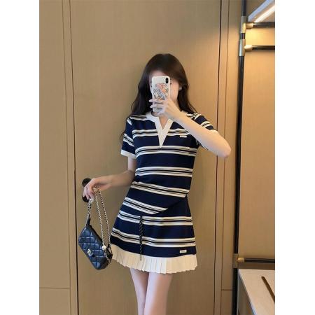 BY24070# 夏新款胖mm洋气宽松上衣百褶裙两件套大码韩版时尚条纹套装女  服裝批發女裝批發服飾貨源