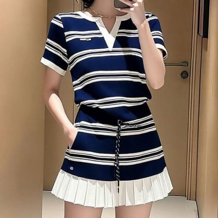 BY24070# 夏新款胖mm洋气宽松上衣百褶裙两件套大码韩版时尚条纹套装女  服裝批發女裝批發服飾貨源