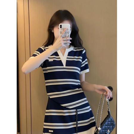 BY24070# 夏新款胖mm洋气宽松上衣百褶裙两件套大码韩版时尚条纹套装女  服裝批發女裝批發服飾貨源