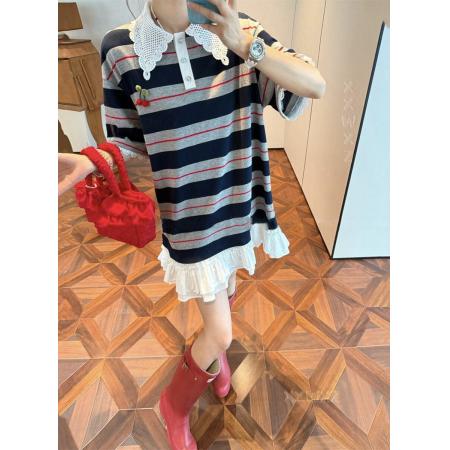 BY24071# 大码韩国女装夏季新款胖mm立体毛毡樱桃翻领下摆拼接T恤连衣裙  服裝批發女裝批發服飾貨源