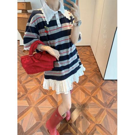 BY24071# 大码韩国女装夏季新款胖mm立体毛毡樱桃翻领下摆拼接T恤连衣裙  服裝批發女裝批發服飾貨源
