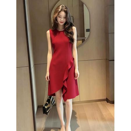 BY24072# 晚礼服裙女新款宴会气质名媛红色赫本小个子中长款聚会小礼服  服裝批發女裝批發服飾貨源