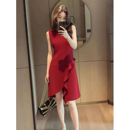 BY24072# 晚礼服裙女新款宴会气质名媛红色赫本小个子中长款聚会小礼服  服裝批發女裝批發服飾貨源