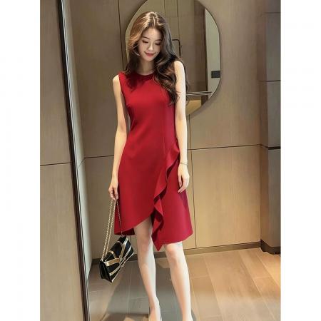 BY24072# 晚礼服裙女新款宴会气质名媛红色赫本小个子中长款聚会小礼服  服裝批發女裝批發服飾貨源