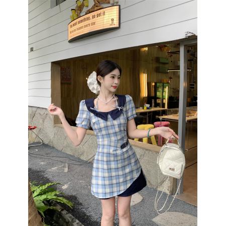 BY24078# 夏季学院复古清新淡雅格纹修身短袖连衣裙  服裝批發女裝批發服飾貨源