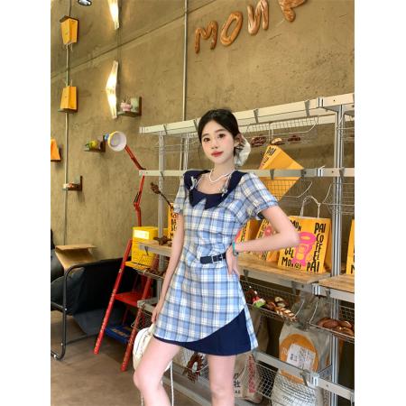 BY24078# 夏季学院复古清新淡雅格纹修身短袖连衣裙  服裝批發女裝批發服飾貨源