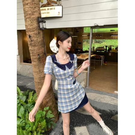 BY24078# 夏季学院复古清新淡雅格纹修身短袖连衣裙  服裝批發女裝批發服飾貨源