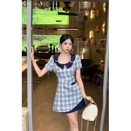 BY24078# 夏季学院复古清新淡雅格纹修身短袖连衣裙  服裝批發女裝批發服飾貨源