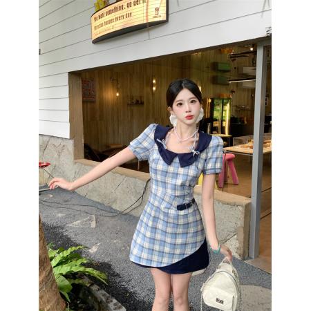 BY24078# 夏季学院复古清新淡雅格纹修身短袖连衣裙  服裝批發女裝批發服飾貨源
