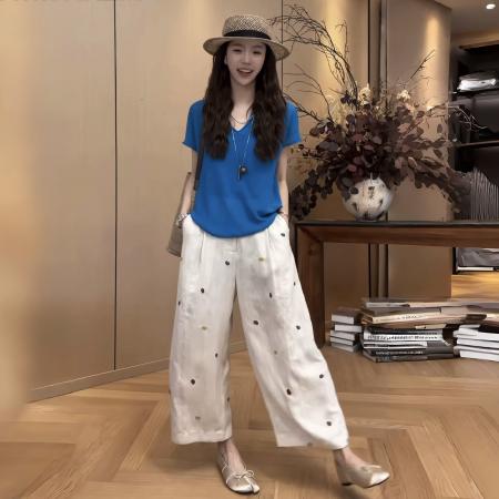 FA56919# 夏百搭立体显瘦彩虹糖亚麻裤休闲裤+慵懒百搭T短袖