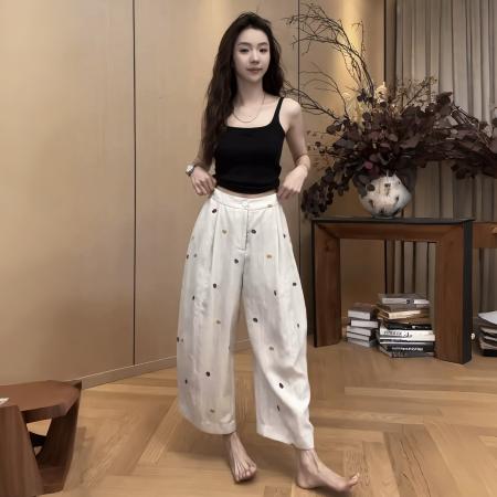 FA56919# 夏百搭立体显瘦彩虹糖亚麻裤休闲裤+慵懒百搭T短袖