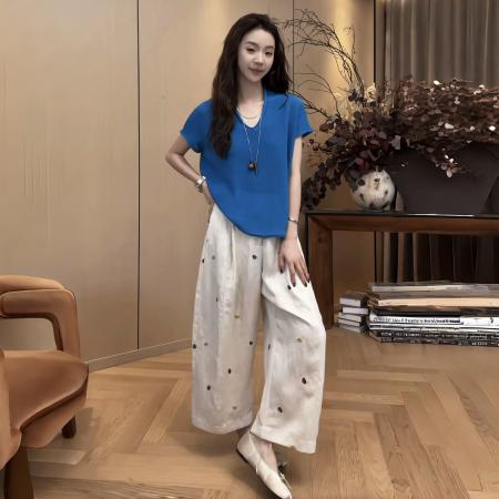 FA56919# 夏百搭立体显瘦彩虹糖亚麻裤休闲裤+慵懒百搭T短袖
