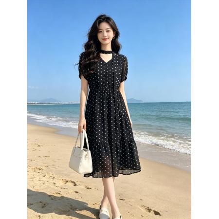 BY24095# 波点V领收腰连衣裙女夏季新款中长款裙子显瘦巨好看的气质裙  服裝批發女裝批發服飾貨源