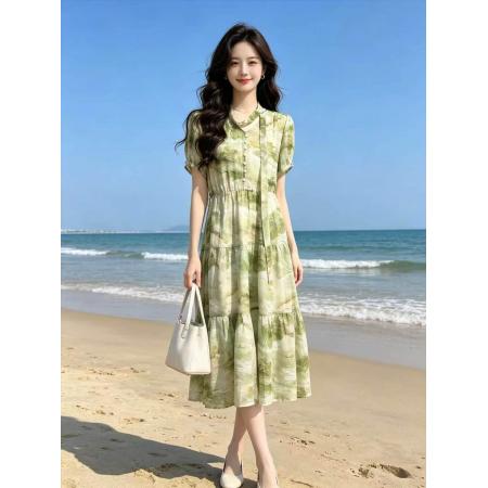 BY24095# 波点V领收腰连衣裙女夏季新款中长款裙子显瘦巨好看的气质裙  服裝批發女裝批發服飾貨源
