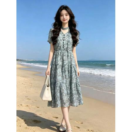 BY24095# 波点V领收腰连衣裙女夏季新款中长款裙子显瘦巨好看的气质裙  服裝批發女裝批發服飾貨源