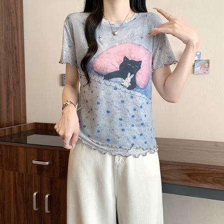 BY24101# 夏装新款胖mm大码女韩系印花小猫烫钻木耳边小衫上衣  服裝批發女裝批發服飾貨源