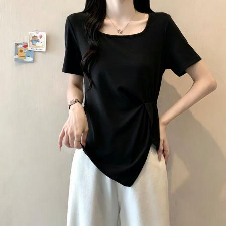 BY24103# 夏装新款胖mm大码女韩系休闲u领不规则设计感短袖T恤  服裝批發女裝批發服飾貨源