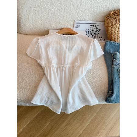 BY24104# 甜美风蕾丝拼接V领短袖衬衫女夏季新款蝴蝶结系带上衣 服裝批發女裝批發服飾貨源