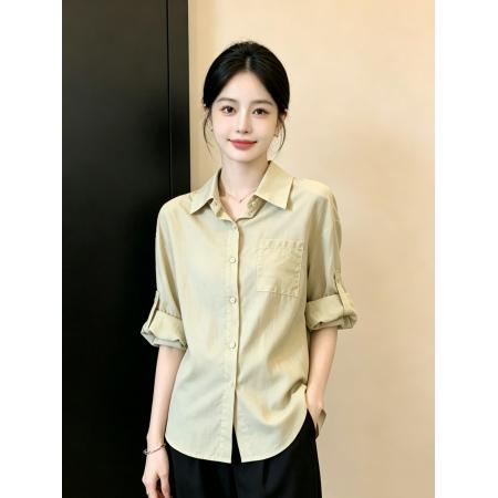 BY24105# 设计感后背镂空蕾丝拼接防晒衬衫女夏复古慵懒宽松中长款翻领衬衣 服裝批發女裝批發服飾貨源