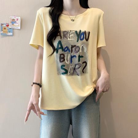 BY24121# 夏装新款胖mm大码女韩系宽松显瘦印花字母不规则短袖T恤 服裝批發女裝批發服飾貨源
