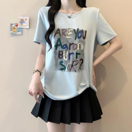 BY24121# 夏装新款胖mm大码女韩系宽松显瘦印花字母不规则短袖T恤 服裝批發女裝批發服飾貨源