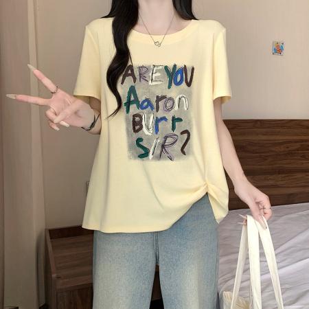 BY24121# 夏装新款胖mm大码女韩系宽松显瘦印花字母不规则短袖T恤 服裝批發女裝批發服飾貨源