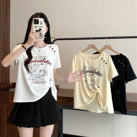 BY24122# 夏装新款胖mm大码女时尚休闲卡通印花设计感短袖T恤 服裝批發女裝批發服飾貨源