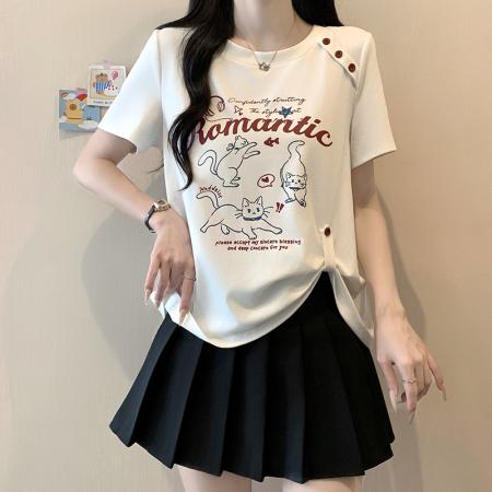 BY24122# 夏装新款胖mm大码女时尚休闲卡通印花设计感短袖T恤 服裝批發女裝批發服飾貨源