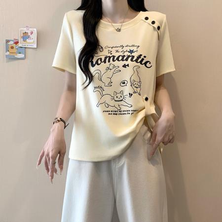 BY24122# 夏装新款胖mm大码女时尚休闲卡通印花设计感短袖T恤 服裝批發女裝批發服飾貨源