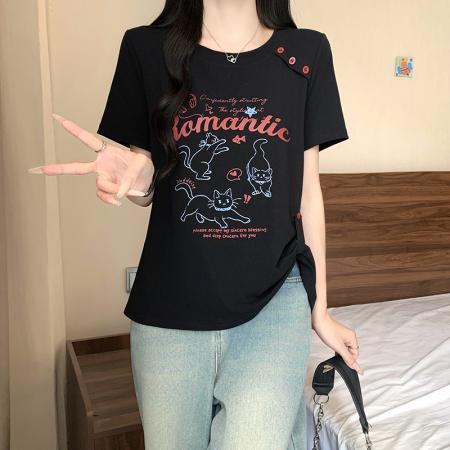 BY24122# 夏装新款胖mm大码女时尚休闲卡通印花设计感短袖T恤 服裝批發女裝批發服飾貨源