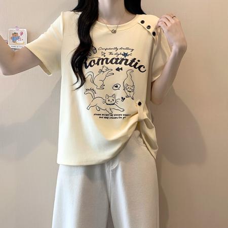 BY24122# 夏装新款胖mm大码女时尚休闲卡通印花设计感短袖T恤 服裝批發女裝批發服飾貨源